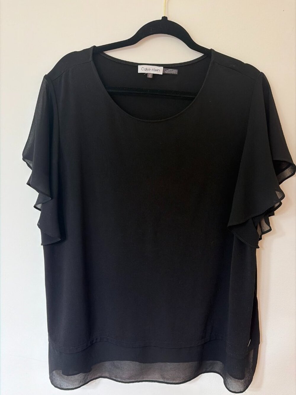 Calvin Klein Black Blouse Sheer Ruffle Sleeves - Size 1X